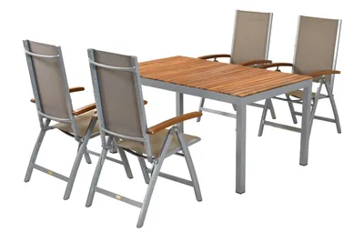A dining set with a table and four chairs, presented on a white background.