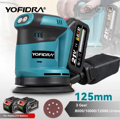 Produktbild von YOFIDRA Akku-Exzenterschleifer 125 mm, 3 Gänge, 8-Loch-Schleifteller, 18V, mit 2 Akkus und Ladegerät, kompatibel mit Makita 18V Akkus