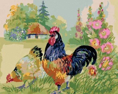 Obrázek produktu pro Zuty - Diamantové malování - KOHOUT SE SLEPICÍ OBKLOPENI KVĚTINAMI, 40x50 cm, vypnuté plátno na rám