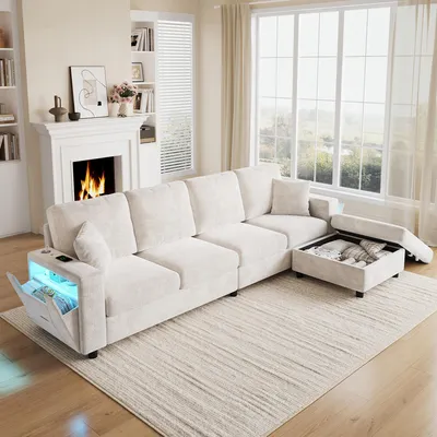 Image de Canapé d'angle Flieks avec éclairage LED et ports USB, canapé 4 places avec repose-pieds et accoudoirs de rangement, dimensions : 282 x 153 x 82 cm, couleur : beige, matériau : polyester