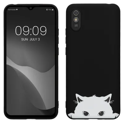 Produktbild von kwmobile Hülle kompatibel mit Xiaomi Redmi 9A / 9AT - Handyhülle Silikon Case - Neugierige Katze Schwarz Weiß