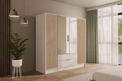 Produktbild von ALTDECOR Kleiderschrank mit Spiegel und selbstschließenden, Lamellentüren, Lamellen, Flügeltüren - NELIA - 200 cm Weiß / Artisan