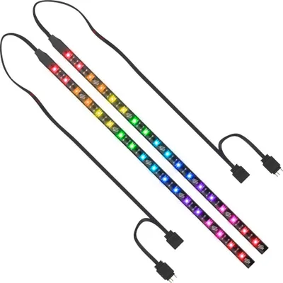Two LED light strips with RGB lighting are shown against a white background.