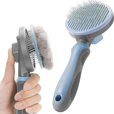 Produktbild von Katzenbürste Hundebürste, Selbstreinigung Hunde Katzen Bürste für Langhaar/Kurzhaar, Katzenkamm mit Griff, Bürste für Die Haustierpflege zum Entfernen von Unterfell, Losem Fell und Schmutz - Grau