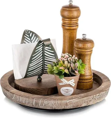 Image de Plateau tournant en bois, plateau de service décoratif de style rustique, 1 pièce