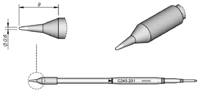 Produktbild von JBC Lötspitze Serie C245, Rundform, C245201/Ø 0,6 mm, gerade, 20 mm länger C245201