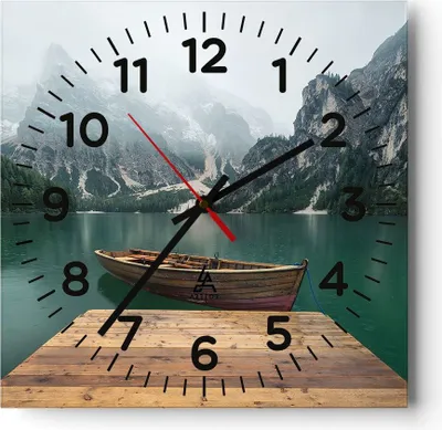 Produktbild von Wanduhr - Quadrat - Glasuhr - Berge See Boot - 30x30cm - Schleichendes Uhrwerk - Lautlos - zum Aufhängen bereit - Dekoration Modern - Wanddekoration aus Glas - C4AC30x30-3978