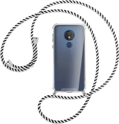 Produktbild von Handykette Backcover-Schutzhülle mit Band (Metall silberfarben) für Motorola Moto G7 Power - schwarz/weiß gestreift