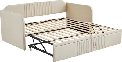 Produktbild von Schlafsofa 90×190 cm (Ohne Matratze) Polsterbett Multifunktionsbett Jugendbett Familienbett Mit Lattenrost Leinenstoff Beige