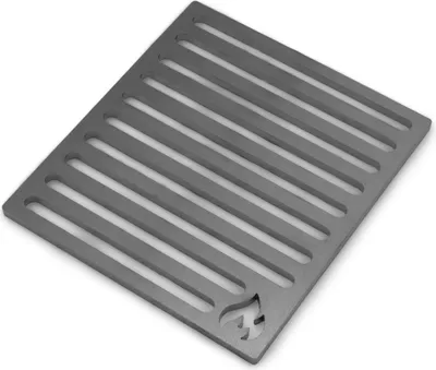 A gray metal grill grate with a flame logo in the corner, shown on a white background.