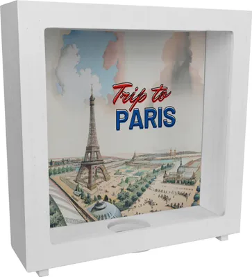 Produktbild von Trip to Paris Rahmen Spardose aus Holz mit Eiffelturm im Retro Style
