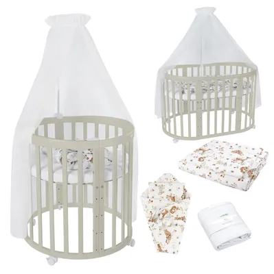 Produktbild von Waldin Babybett OWAL Kinderbett 7in1 mit Matratze, mitwachsendes Kinder-Bett,Stoffe Weiß Tiere,Holz olive