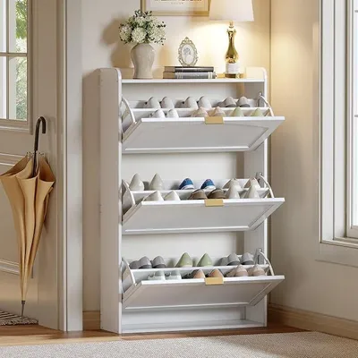 Imagen del producto de Zapatero estrecho con 3 puertas, ideal como zapatero o mueble para zapatos en pasillos y salones, estantería para zapatos que ahorra espacio, color blanco, 76x23x118 cm