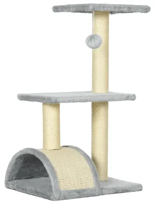Image de Arbre à chat - 72 cm - Tige en sisal - Griffoir - Plateformes - Jouets en peluche (boules) - Gris clair