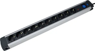Produktbild von as Schwabe Steckdosenleiste Aluminium 1,5m, 10-fach, Überspannungsschutz, 230V, IP20, Silber, 45° angewinkelte Schutzkontakt-Steckdosen, Rot-beleuchtet, erhöhter Berührungsschutz, mit 4 Ösen zur Befestigung, für Innenbereich