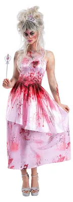 Produktbild von Rosa Zombie Prinzessin Damen Kostüm – blutbespritztes Mehrlagenkleid mit Tiara & Zauberstab – Größen S–L für Halloween Themenparty Cosplay Damen Größe: L