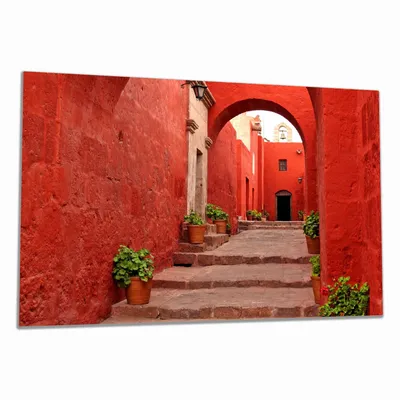 Produktbild von Wallario Herdabdeckplatte aus Glas, Größe 80 x 52 cm 1-teilig, Motiv Roter Torbogen