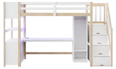 Obrázok produktu pre Postel s hornou časťou 90 x 200 cm – jednolôžková posteľ s vestavenej skrine – veľký písací stôl – úložná skrinka – schodisko – LED osvetlenie a zásuvky podľa európskych noriem – farba 2