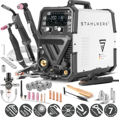 Produktbild von STAHLWERK Schutzgasschweißgerät 6-in-1 Kombi CTM-250 Puls Pro – WIG, MIG/MAG, MMA (E-Hand) & FLUX bis 200 A, Plasmaschneider (CUT) bis 45 A