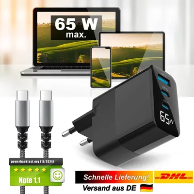 Produktbild von Eaxus® USB C Ladegerät 65W mit LED Display, 3 Port Schnellladegerät mit PD - Geeignet für iPhone, iPad, Samsung Galaxy, MacBook, Laptop & Co., Schwarz