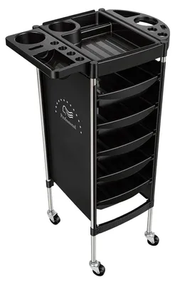 Image de Chariot de coiffure - Chariot de salon - Chariot rectangulaire en plastique - 6 étagères - 5 tiroirs - 4 roulettes - Capacité de charge de 15 kg par étagère - Noir