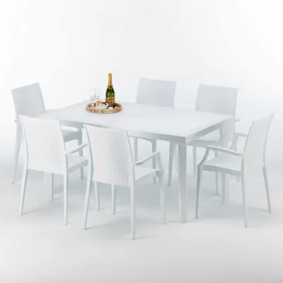 Produktbild von Weiß Rechteckig Tisch und 6 Stühle Farbiges Polypropylen-Außenmastenset Grand Soleil Arm Bistrot Summerlife - Weiß