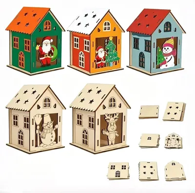 Imagen del producto de Kit de manualidades de 5 piezas, casas de madera navideñas, 5 unidades, con cordones, para niños