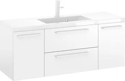 Produktbild von Rosen 120 cm Badezimmerschrank in Weiß Hochglanz mit Waschbecken und Weißen matten Griffen - Zeitloses Design