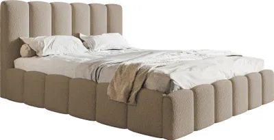 A studio shot of a bed with a headboard and frame upholstered in textured fabric.