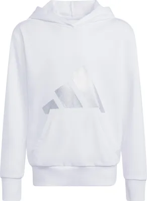 Produktbild von Adidas JG GLAM HD Hoodie Weiß 164 mit schimmerndem Logo, Rippbündchen und Kängurutasche aus recycelten Materialien