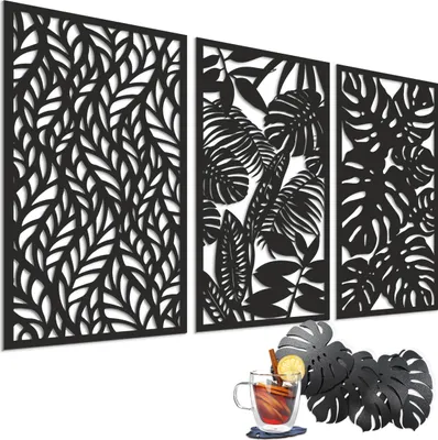 Zdjęcie produktu dla Stylowa Ozdoba na ścianę salonu Obraz 3D do sypialni Panel ażurowy Liście Monstera styl Botaniczny Roślina Drewniany obraz