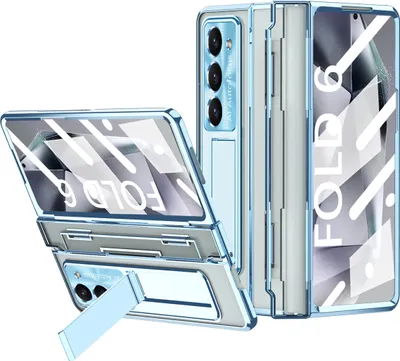 Image de Etui pour Samsung Galaxy Z Fold 6 protection charnière avec protection de l'écran et de la lentille, étui transparent galvanisé avec support bleu