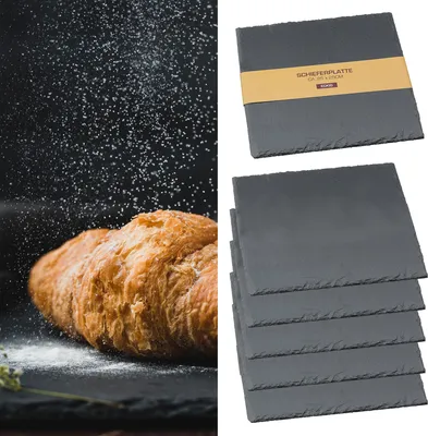 Produktbild von Schieferplatte 6er Set 25x25cm quadratisch mit Filzschonern Tischuntersetzer Steinplatte Servierplatte Untersetzer
