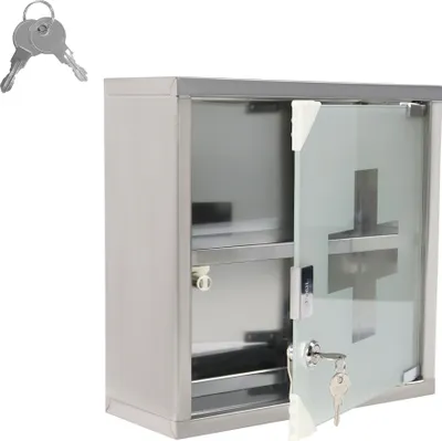 Produktbild von LZQ Medizinschrank aus Edelstahl 30 x 30 x 12 cm, abschließbare Arzneischrank mit Glastür, Hausapotheke Apothekerschrank Erste Hilfe Schrank, inkl. 2 Schlüsseln, 2 Fächer