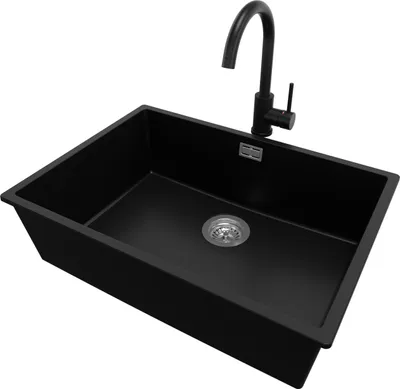 Produktbild von PRIMAGRAN Unterbauspüle Granit Schwarz 66x47cm, Spülbecken 1 Becken + Küchenarmatur 32x20cm + Ablauf-Set, Granitspüle ab 70er Unterschrank - London