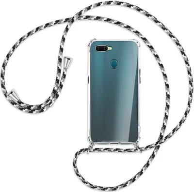 Produktbild von Handykette Backcover-Schutzhülle mit Band (Metall silberfarben) für Oppo A7 / AX7 - schwarz/grau/weiß
