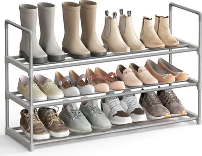 Zdjęcie produktu dla Stojak na buty z 3 poziomami, metalowy stojak na buty, organizer na 12-15 par butów