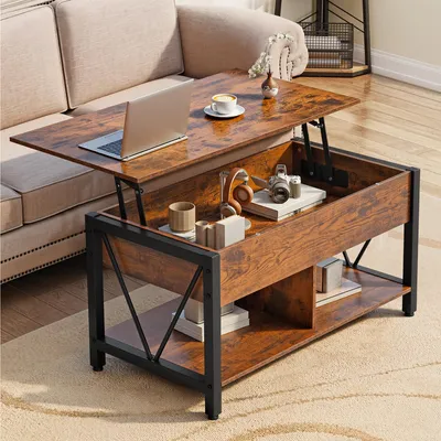 Produktbild von Balconera Couchtisch Höhenverstellbar mit 2-Stufiger Stauraum, Beistelltisch mit Verstecktem Staufach und Ablagefläche für Wohnzimmer, Vintage-Braun