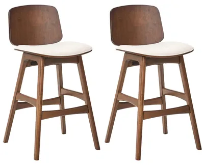Produktbild von BELIANI Barstuhl 2er Set Braun u. Hellbeige Gummibaumholz mit Polstersitz Fußstütze ohne Armlehnen Retro Design Holzstuhl Stuhl für Esszimmer Küche