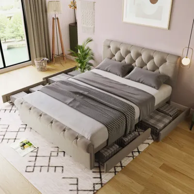 Produktbild von Bettgestell mit 4 Schubladen, Doppelbett Polsterbett Höhenverstellbarem Kopfteil,Funktionsbett,ohne Matratze 140x200cm