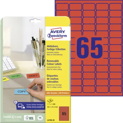 Produktbild von Avery Zweckform L4790-20 Farbige Etiketten, ablösbar, A4, 38,1 x 21,2 mm, 20 Bogen/1.300 Etiketten, rot