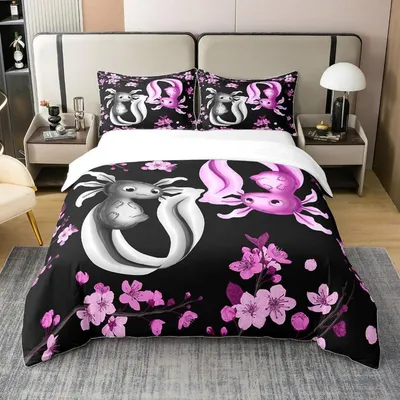 Obrázek produktu pro Sada povlečení na postel 200x200 cm, 100% bavlna, motiv axolotl, třešňové květy, růžová a černá barva. Obsahuje 2 povlaky na polštáře 80x80 cm