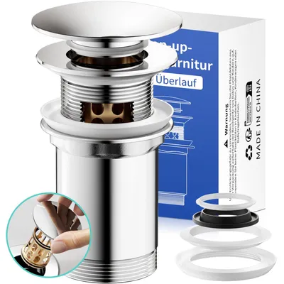 Produktbild von Ablaufgarnitur G11/4 für Waschbecken, Ablaufgarnitur aus Messing, Pop-up-Ablaufventil für Standardwaschbecken, Waschbeckenstöpsel mit Haarfilter (verchromt, mit Überlauf)