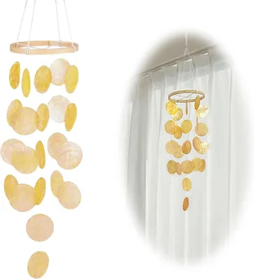 Produktbild von Handgefertigtes gelbes Muschel-Windspiel, 73 cm, zum Aufhängen, für Garten/Schlafzimmer/Terrasse/Wohnbereich