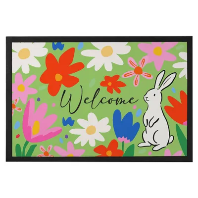 Produktbild von Fußmatte „Welcome“ Frühling & Ostern – Türmatte mit Blumen und Hase, rutschfest, 2 Größen (75×50 cm)