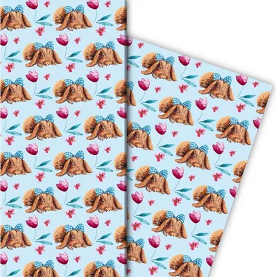 Produktbild von Niedliches Oster Geschenkpapier mit Osterhasen mit Schleife, Blumen, blau - G8080, 32 x 48cm