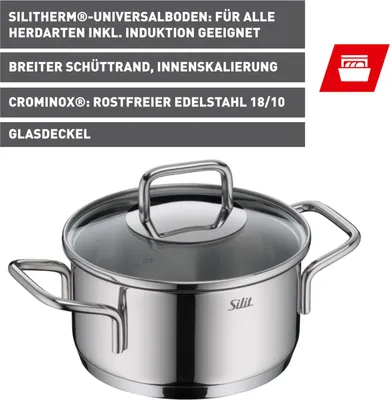 Obrázek produktu pro Silit Extra Cook, pekáč 16 cm se skleněným víkem, vnitřní stupnice, široký okraj pro nalévání, nerezová ocel Crominox vhodná do myčky, malý hrnec