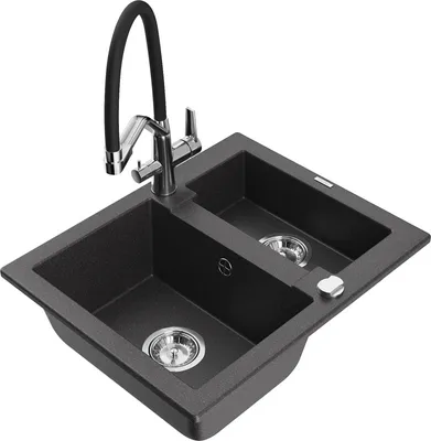 Produktbild von Mexen Carlos 1,5-Becken-Granitspüle mit Mischbatterie Duo, Schwarz gesprenkelt - 6518-76-671701-07