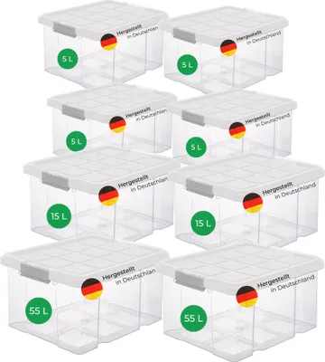 Immagine prodotto di Novaliv 8 pezzi set economico di scatole di stoccaggio con coperchio trasparente 2x55 L + 2x 15L + 4x 5L scatole a rotolo impilabili con chiusura a clip senza BPA