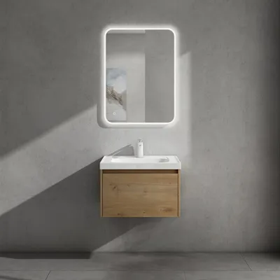 Produktbild von doporro Badmöbelset Waschbecken-Unterschrank mit Soft-close in Kerneiche für Badezimmer 60x50X40cm inkl. Mineralguss-Waschbecken und LED-Spiegel Salerno